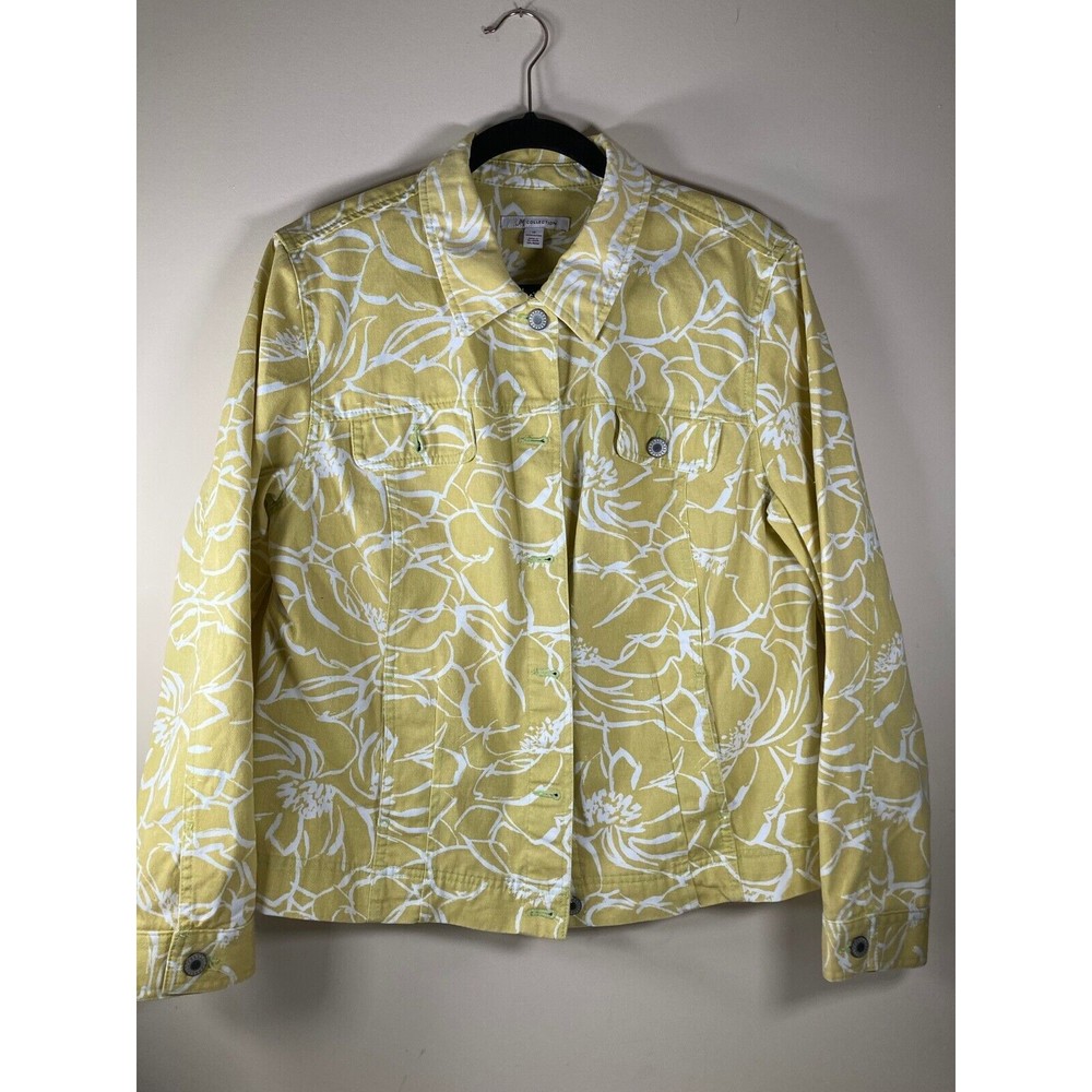 JM Collection Women Size14 Jean Jacket Button Green Yellow Floral Jacket EUC